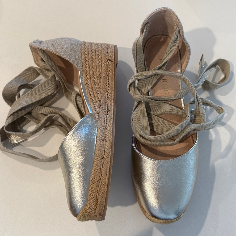 NWT Leather Jack Rogers Palmer Ankle Wrap Espadrille Wedge in Platinum/Champagne - Picture 5 of 10